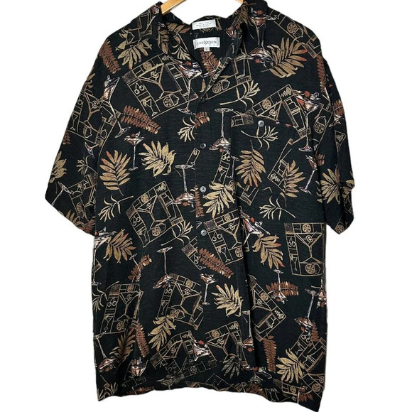 *VINTAGE* Chereskin Hawaiian Martini Cocktail Aloha Tropical Shirt XL 100% Silk - Picture 1 of 7